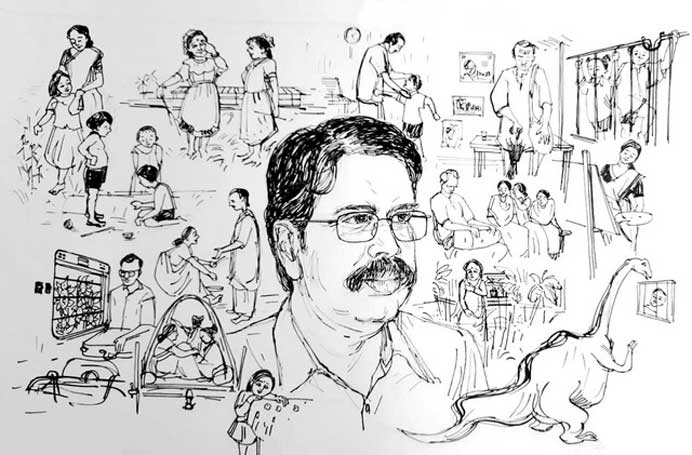 Pencil sketch by E-Harikumar with some of the characters from his stories